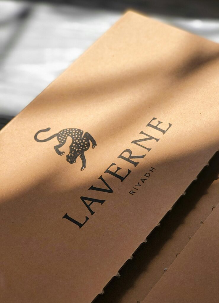 Elegant Laverne packaging featuring a distinctive leopard logo and Riyadh branding.